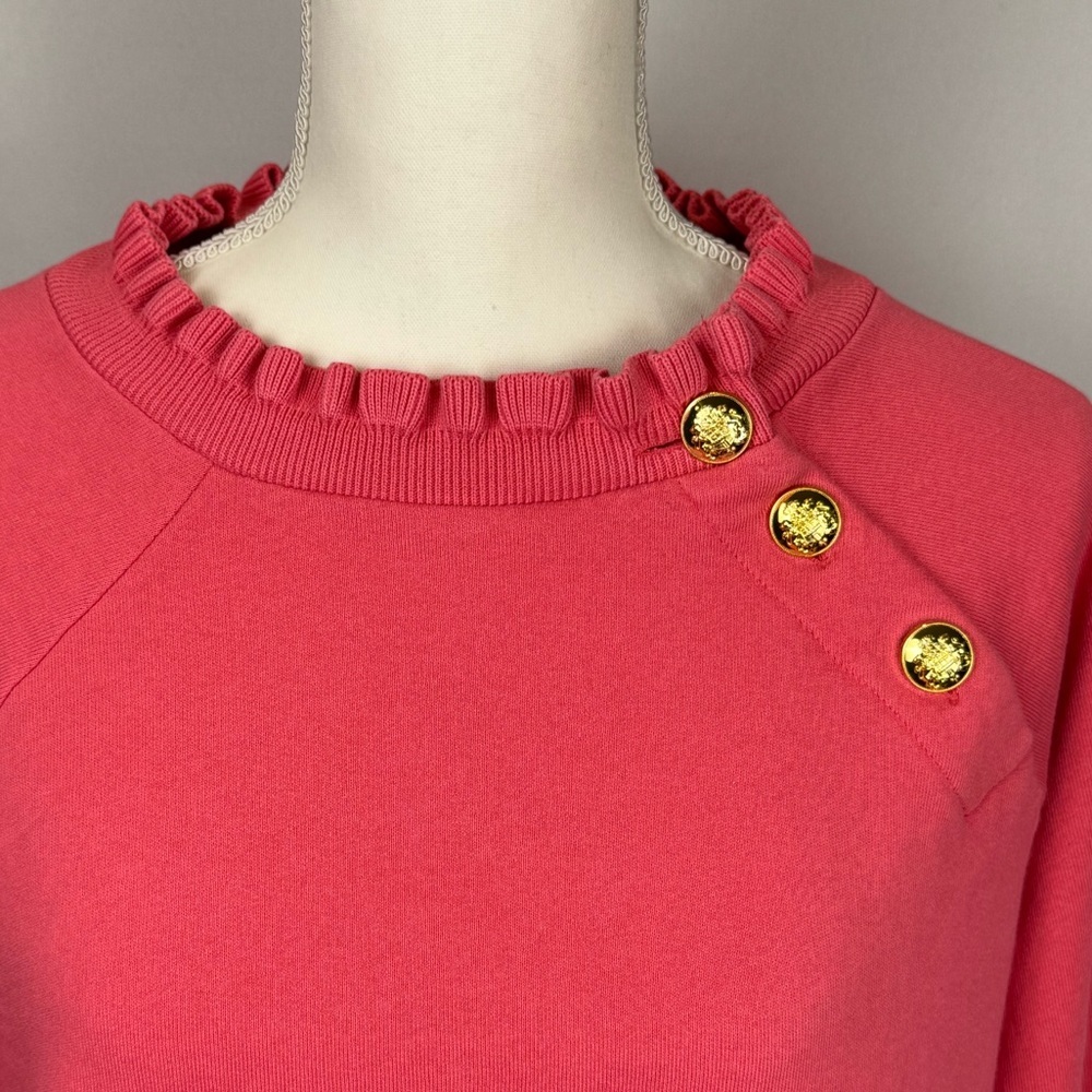 Talbots Ruffle Trim Raglan Sweatshirt Pink Gold Buttons At Neckline Size 1X - Picture 3 of 10